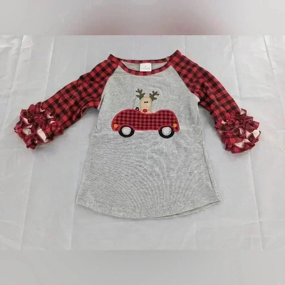 Buffalo Plaid Moose Gray Long Ruffles Sleeve Girls Shirt Size 4